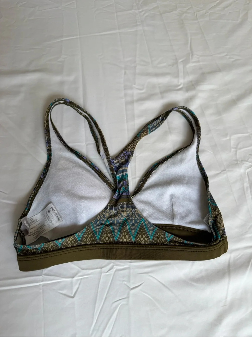 Patagonia Printed Racerback Sports Bra in Olive, Teal & Blue